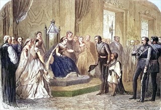 General Robert Napier presents the son of Negus Theodoros of Abyssinia to the English Queen Victoria