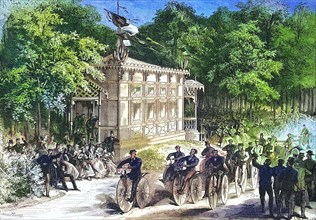 a velocipedes race at the 1867 World's Fair in Paris