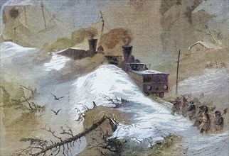 a crashed train in the middle of the snow on the railroad line over the Brenner Pass