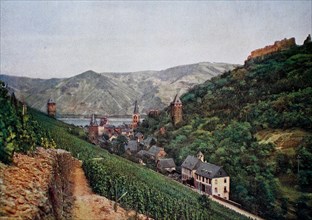 View of Bacharach and Stahleck from the Steegertal valley in 1910, Rhineland-Palatinate, Germany,