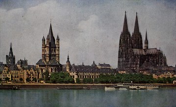 Cologne Cathedral with Saint Martin and Town Hall Tower in 1910, North Rhine-Westphalia, Germany,