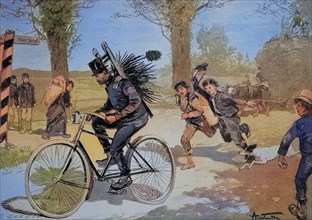 Chimney Sweep On Bicycle In 1870