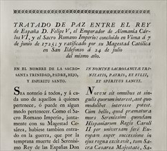 Peace treaty between the King of Spain Philip V and the Holy Roman Emperor Charles VI.