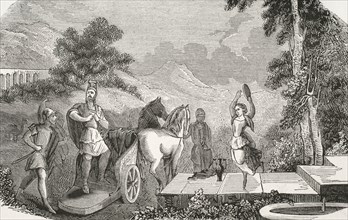 Jephthah returning victorious to Maspha after defeating the Ammonites.