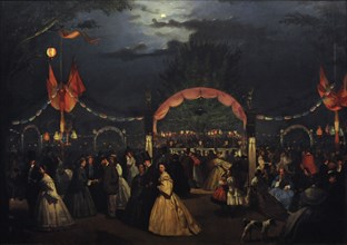 The public garden of Madrid called El Paraiso, on the night of a dance.