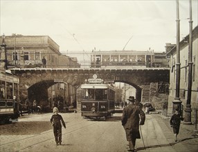 City scene of trams or trolley cars in Odessa