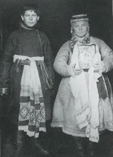 Russian boy and girl in folk costumes circa  before 1917
