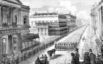 The funeral procession of the Duke of Wellington along Pall Mall.