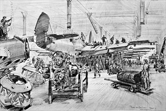 Beaufighter assembly line with plane on left waiting for engines to be fitted.