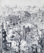 A spectacular scene from the roof of a telephone exchange during a bren-carrier attack against the Falcon Street barricades.
