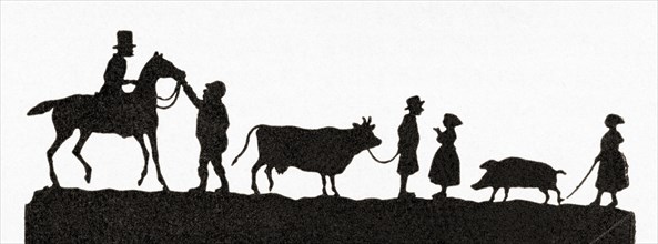 Paper silhouette depicting people taking their animals to market.