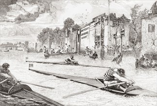 Canoe racing on the River Thames, England in the 19th century.