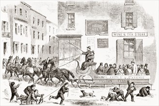 An 1865 omnibus sleigh pulled by six horses on a wintry street in New York City.