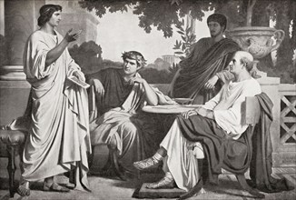 Left to right, Virgil, Horace and Varius at the House of Maecenas.