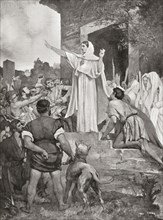 St. Genevieve calming the Parisians on the approach of Attila the Hun.
