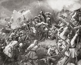 Marshal Villars leads the French charge at the Battle of Denain.