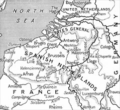 Map of the Spanish Netherlands following the peace treaty of Utrecht in 1713.