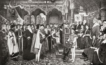 The inaugural ceremony of the Antwerp Exchange, Belgium in 1532.