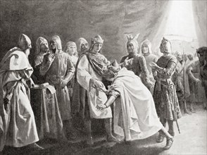 The surrender of Granda, Spain by Muhammad XII to Ferdinand II in 1492.