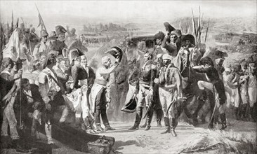 The surrender of Bailen, Spain by General Dupont, centre right, to the Spanish commander Castaeos, centre left.