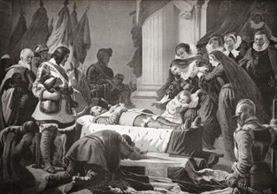The grief of Maria Eleonora of Brandenburg at the lying- in-state of her deceased husband Gustav II Adolf.