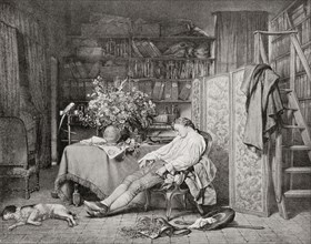 Linnaeus at home asleep in a chair after returning from one of his botanical excursions.