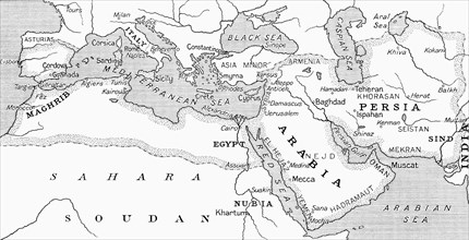 Map of the Umayyad Caliphate at its height around the turn of the 8th century.