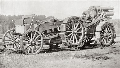 A German siege gun, a heavy howitzer gun developed in Germany at the start of World War One.