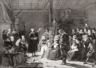 The first meeting of the Pilgrim Fathers.