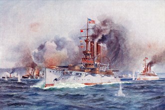 Destruction of the Spanish fleet outside Santiago harbour during the Spanish - American War.