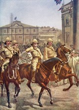 Lord Roberts enters the city of Kimberley, South Africa after the relief of the besieged city during February 1900.
