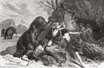 Prehistoric men fighting a great bear.