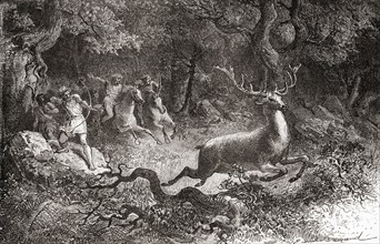 Men hunting a deer during the Bronze Age.
