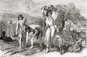 Men and women gardening during the Bronze Age.