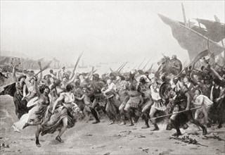 The Athenians rejoicing their victory after the naval Battle of Salamis.