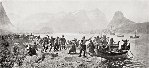 George Sinclair landing with his Scottish mercenary soldiers at Romsdal, Norway in 1612.