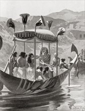 An ancient Egyptian funeral procession passing over the sacred lake.