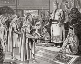 Emperor Daizong receives envoys in court from the Byzantine Emperor.