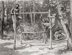 Early Indian natives building a shelter by tying together poles and covering with leaves.