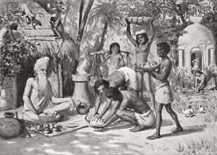 A hermit in ancient India seen here being brought food by the younger generation.