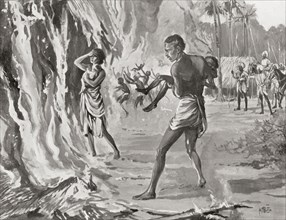 Villagers in India sacrificing themselves on the fire to avoid the cruel raiding Pindaris.