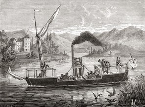 The first trial of the Dalswinton steamboat at Dalswinton Loch, Scotland in 1788.