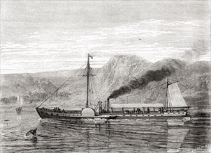 Robert Fulton's The North River Steamboat of Claremont navigating from New York to Albany on the Hudson River.