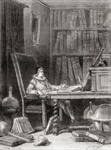 William Gilbert in his study writing his book De Magnete, Magneticisque Corporibus, et de Magno Magnete Tellure.