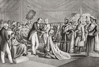The Rajas of Rewa, Benares and Chikari being decorated for their loyalty to the English during the Indian Mutiny by Lord Canning at Cawnpore in 1859.