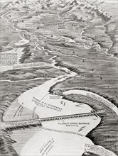 Bird's-eye view of Mesopotamia showing William Willcock's proposed scheme of irrigation.