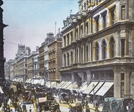 Cheapside busy street with horse drawn bus, coaches, shops and people.