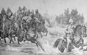 Horses and troops riding through the river.