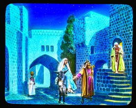 Joseph and Mary being turned away, refused a room at the hotel in Bethlehem.