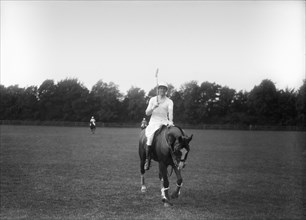 Man on horse at the end of a game of polo.